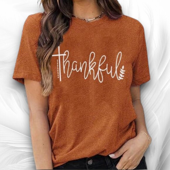 Women's Thankful Autumn Brown Graphic T Shirt - Picture 1 of 5